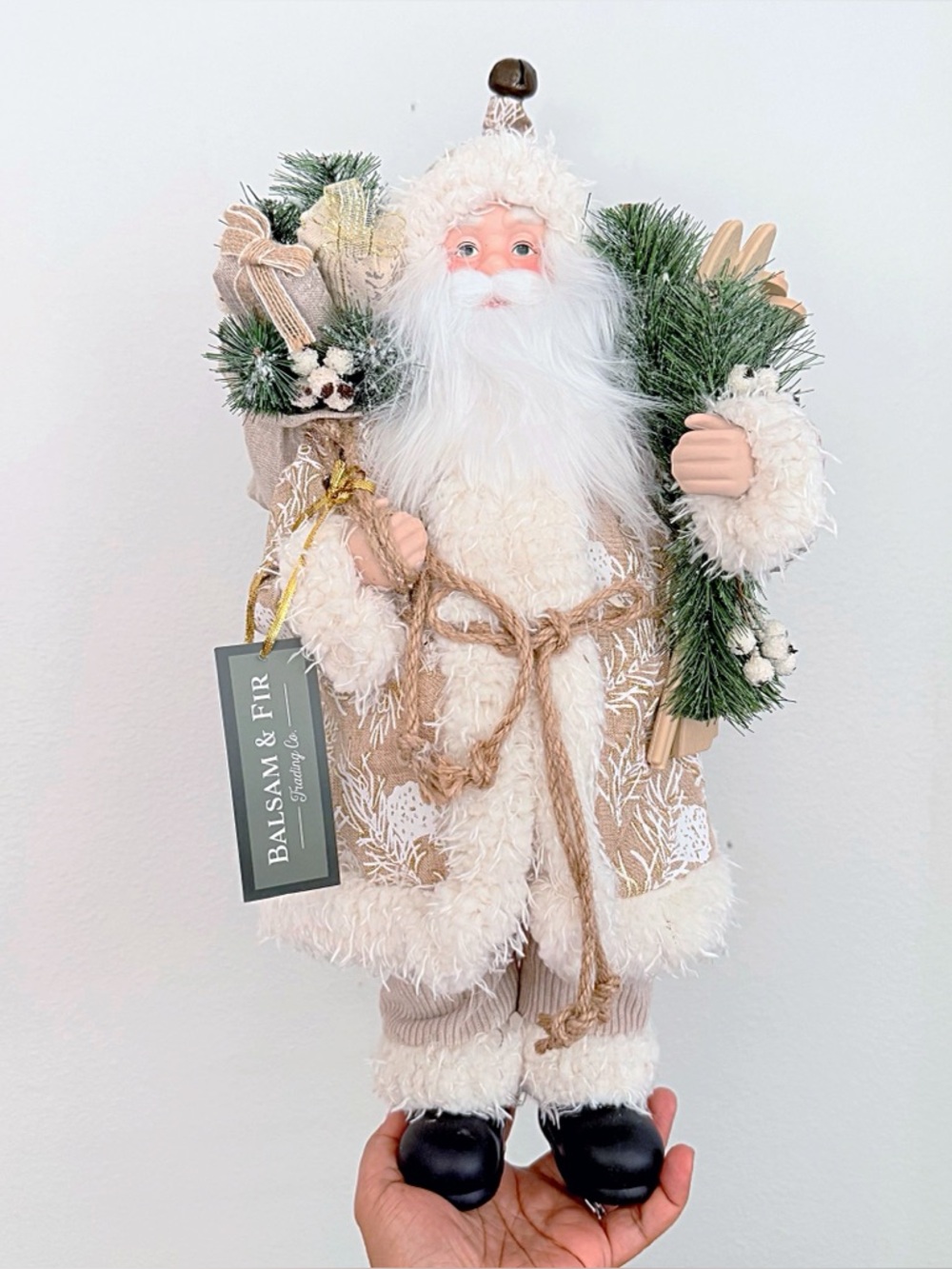 Balsam & Fir Skis and Sticks Beige Santa Holiday Figurine Cozy Cream & Tan